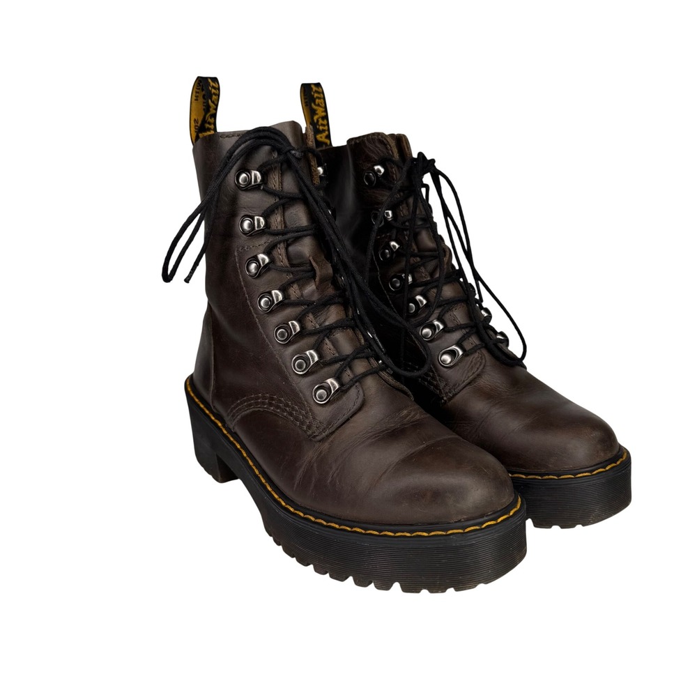 Dr. Martens Leona Dark Brown Orleans Leather Platform Heeled Boots Size US 6